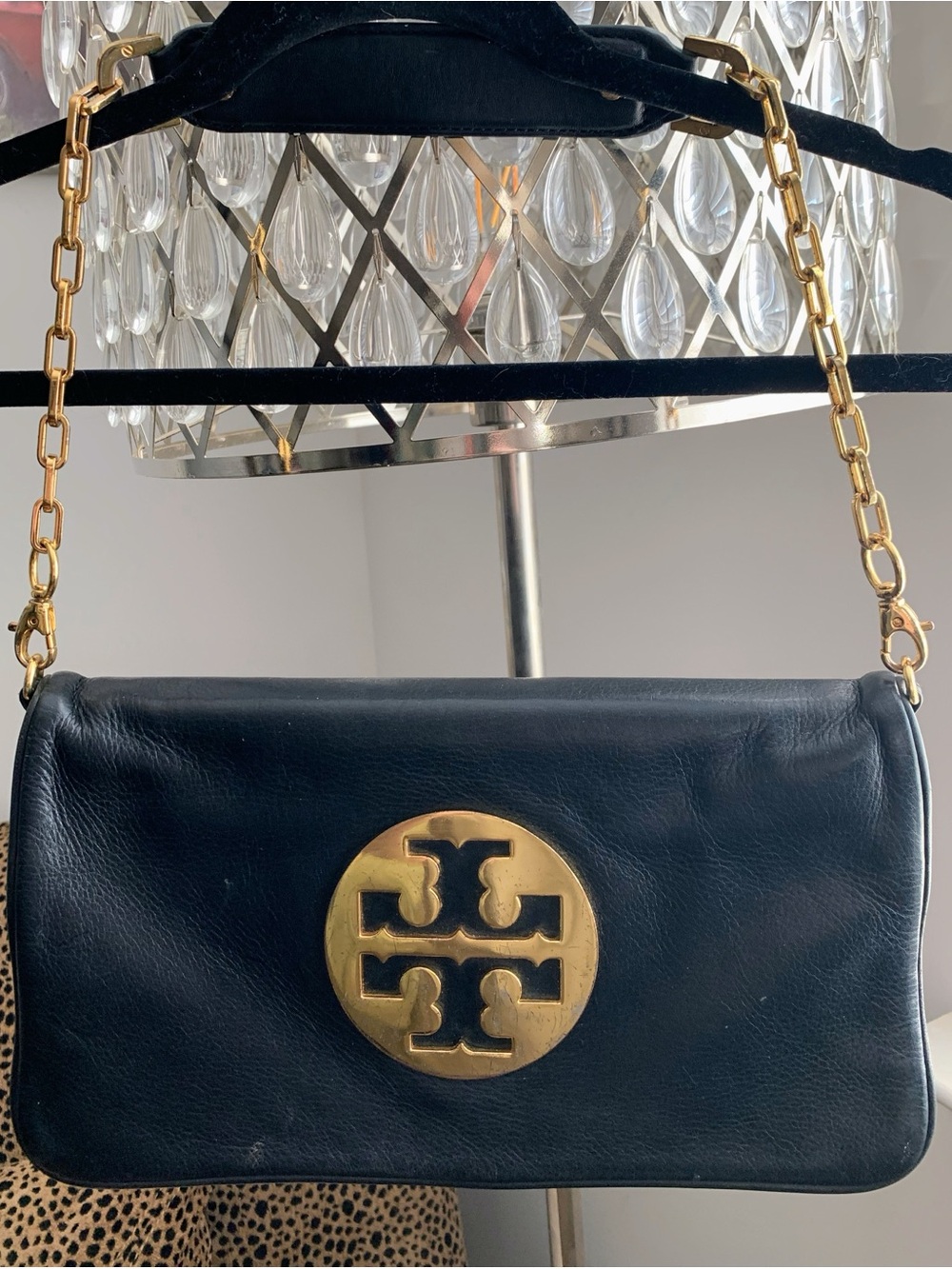 Tory Burch Black Leather Reva Clutch with Gold Logo Medallion